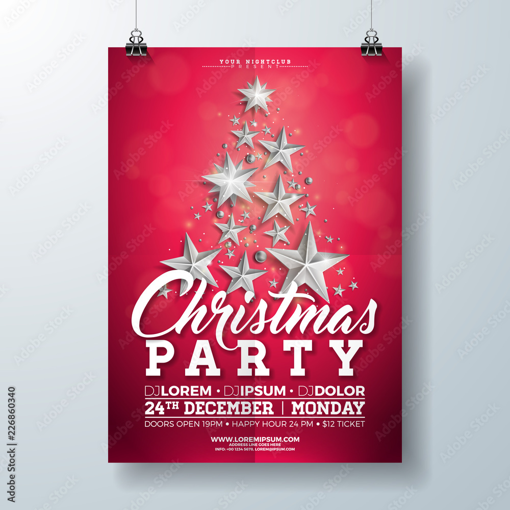 Christmas Party Flyer Illustration with Silver Stars and Typography Lettering on Red Background. Vector Holiday Celebration Poster Design Template for Invitation or Banner. Christmas Party Flyer Illustration with Silver Stars and Typography Lettering on Red Background. Vector Holiday Celebration Poster Design Template for Invitation or Banner.
