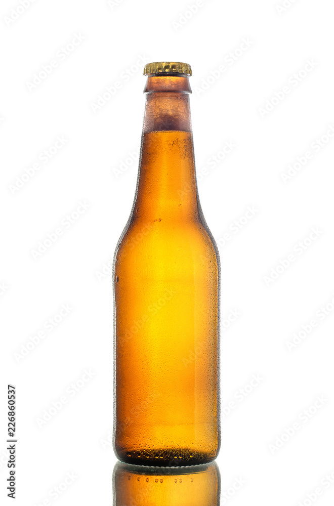 Single delicious beer bottle isolated on white background with reflection Single delicious beer bottle isolated on white background with reflection