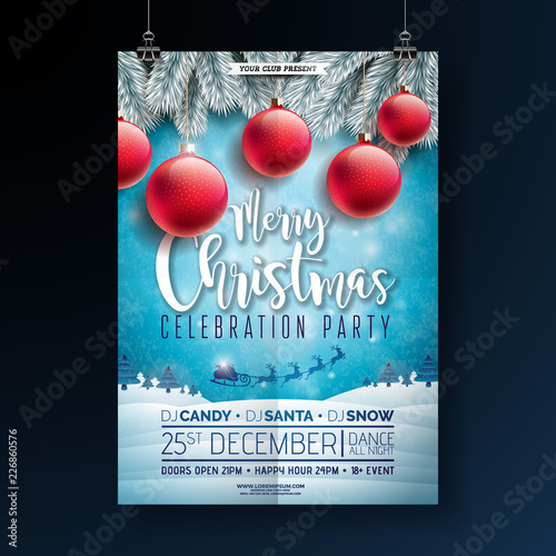 Christmas Party Flyer Illustration with Typography Lettering and Holiday Elements on Winter Landscape Background. Vector Celebration Poster Design Template for Invitation or Banner.