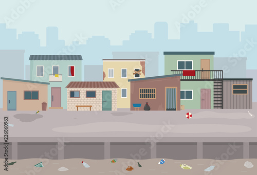 Slum. Huts and old ruined houses at the street. Flat style vector illustration. 