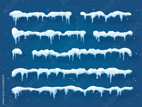 Snow, ice cap with shadow. Snowfall and snowflakes. Winter season. Blue background. Christmas and New Year time.