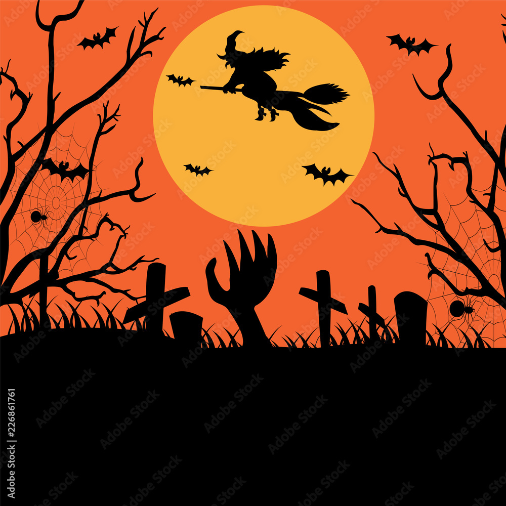 Halloween party poster with witch and moon.