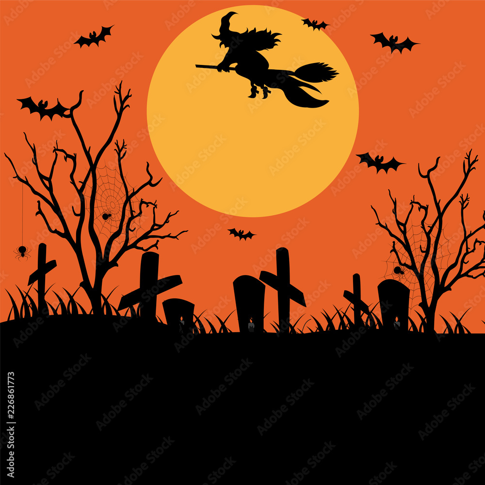 Halloween pattern with graves, bats, candles and on a black background.