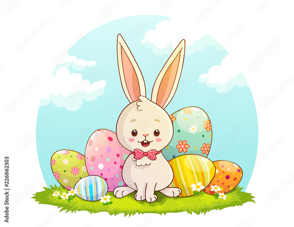 Cute white rabbit sitting in front of Easter eggs with blue sky and clouds background. Hand drawn vector illustration. Cute white rabbit sitting in front of Easter eggs with blue sky and clouds background. Hand drawn vector illustration.