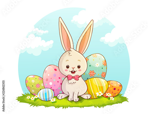 Cute white rabbit sitting in front of Easter eggs  with blue sky and clouds background. Hand drawn vector illustration.