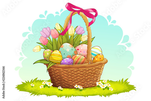 Colorful Easter eggs and tulips in wicker basket  on grass with white flowers. Vector illustration.