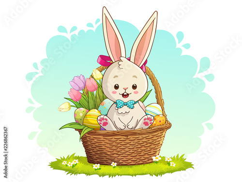 Cute white rabbit sitting in basket with Easter eggs and tulips. Vector illustration with blue sky background.
