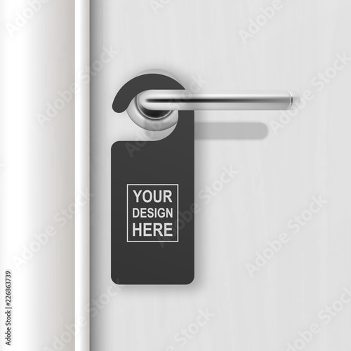 Vector realistic paper black blank door hanger on white realistic wooden door with metal silver handle. Door hanger mockup. Design template. Full length door is in a clipping mask