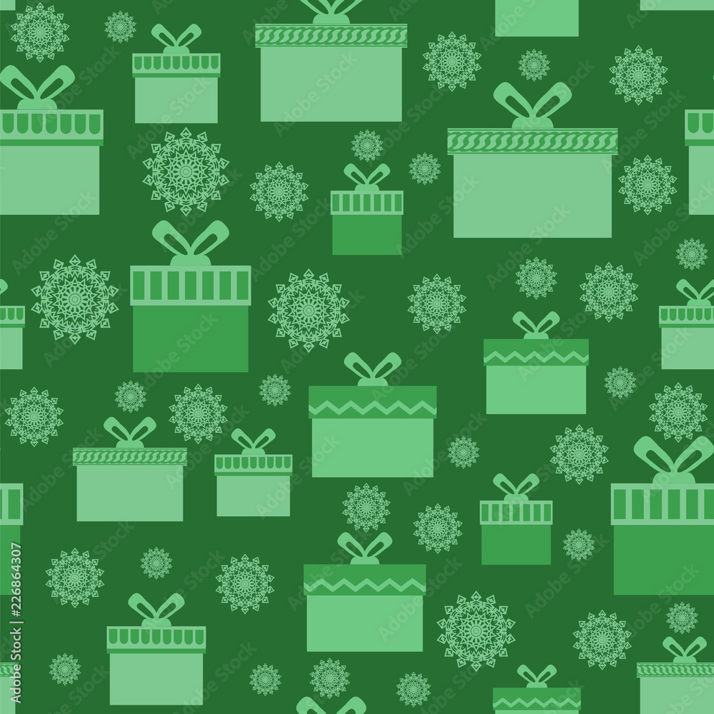 Green Wrapping Christmas Seamless Paper with Boxes and Snowflakes for Gift.