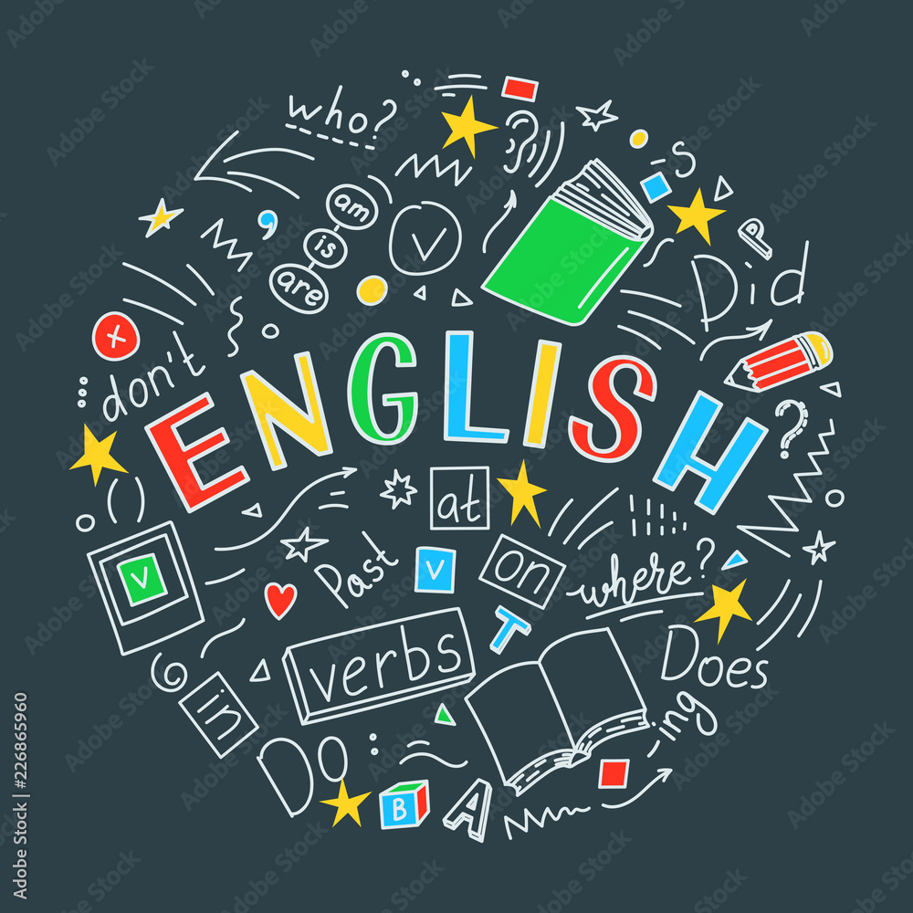 English. Language hand drawn doodles and lettering. Education vector illustration.