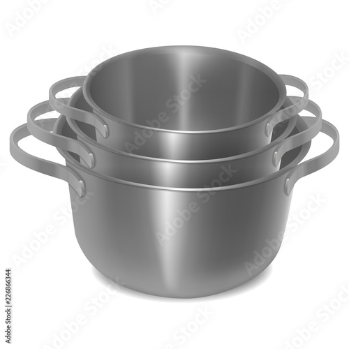 set of empty steel pots. isolated image. realistic style. vector illustration.