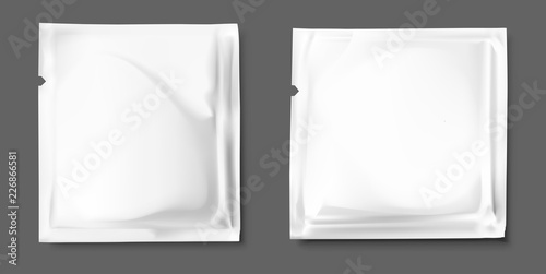 Set of two realistic blank sachet pack mock up. Vector illustration on gray background. Can be use for cosmetic, medicine, food and other. Ready for your design. EPS10.