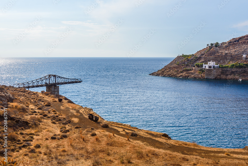 The area of Megalo Livadi and remains of mine bridge. Serifos island, Greece