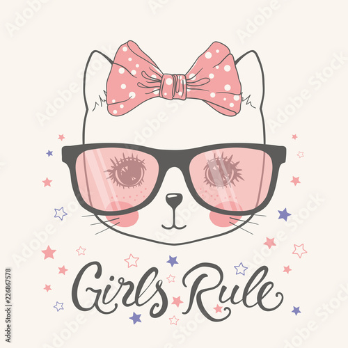 Cute little cat girl face with sunglasses. Girls Rule slogan. Vector illustration for children print design, kids t-shirt, baby wear