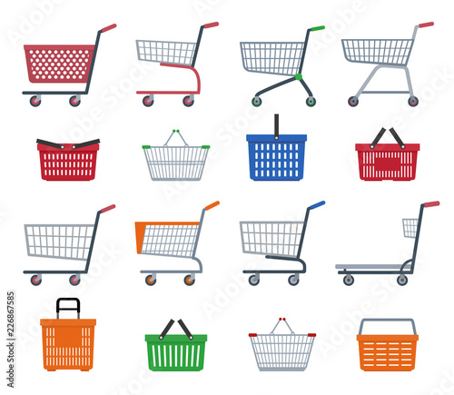 Set of shopping trolleys and shopping baskets. Isolated on white background. Flat vector illustration.
