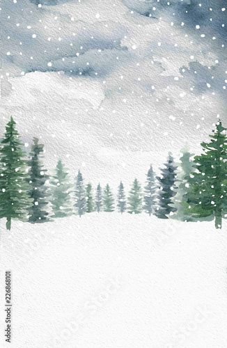 Watercolor Winter Snow Pine Trees Background