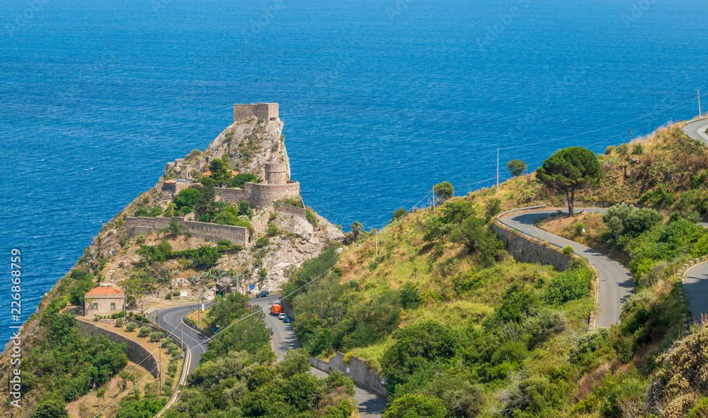 Panoramic view from Forza d'Agrò, with the Saracen Castle in the background. Province of Messina, Sicily, southern Italy.