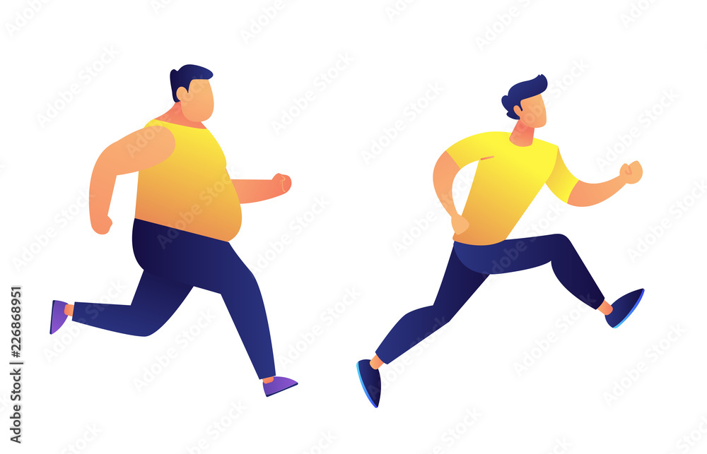 Fat and slim men running vector illustration.