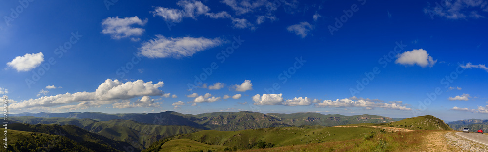 Panoramic view of the mountain range in the North Caucasus in Russia.