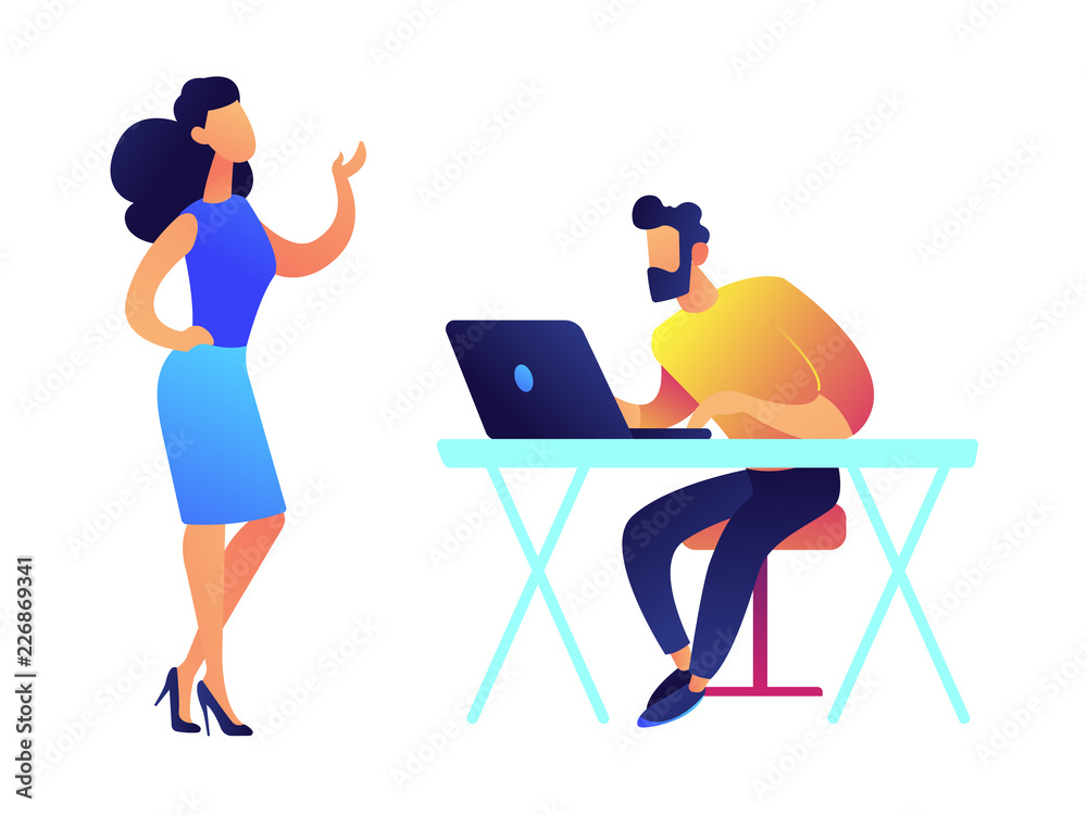 Fototapeta premium Businesswoman talking and businessman working on laptop vector illustration.