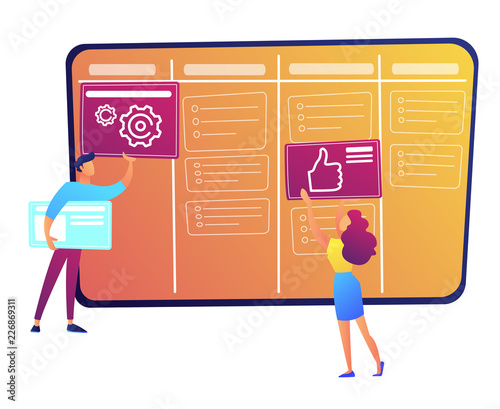 Programmers putting cards on kanban board vector illustration