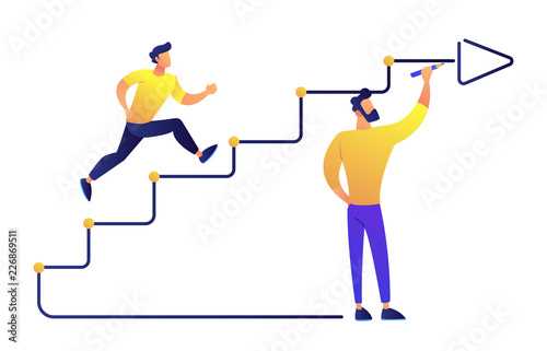 Businessman running up drawn stairs with arrow vector illustration.