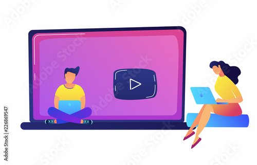 Female student watching webinar on a big laptop vector illustration.
