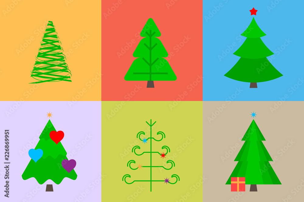 Vector Christmas Trees of Different Shapes. Merry Christmas and Happy New Year Design Elements. Resource for Creating Postcards, Calendars or Posters, Presentations or Banners.