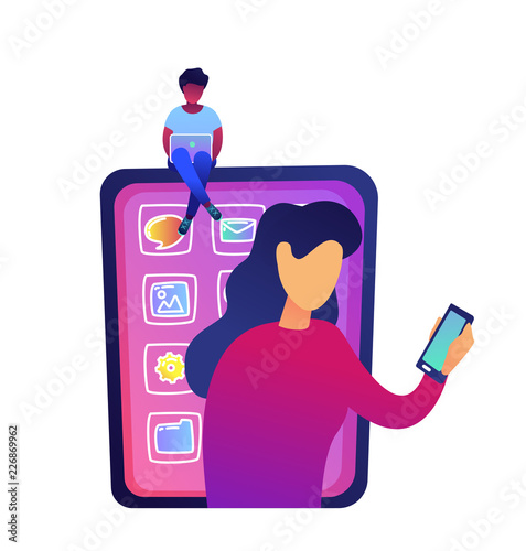Young woman with laptop sitting on huge smartphone and women using smartphone vector illustration.
