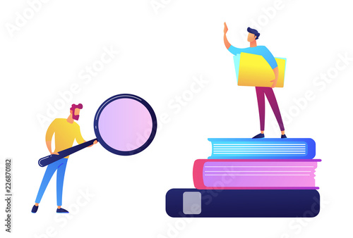 Student with magnifier and student standing on stack of books vector illustration.