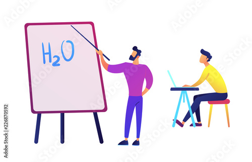 Teacher pointing to board with water formula and student with laptop vector illustration