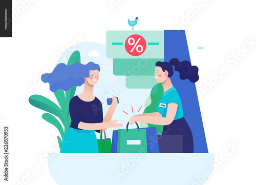 Business series, color 3 - where to buy - modern flat vector illustration concept of a customer and a shop assistant. Selling interaction and purchasing process. Creative landing page design template