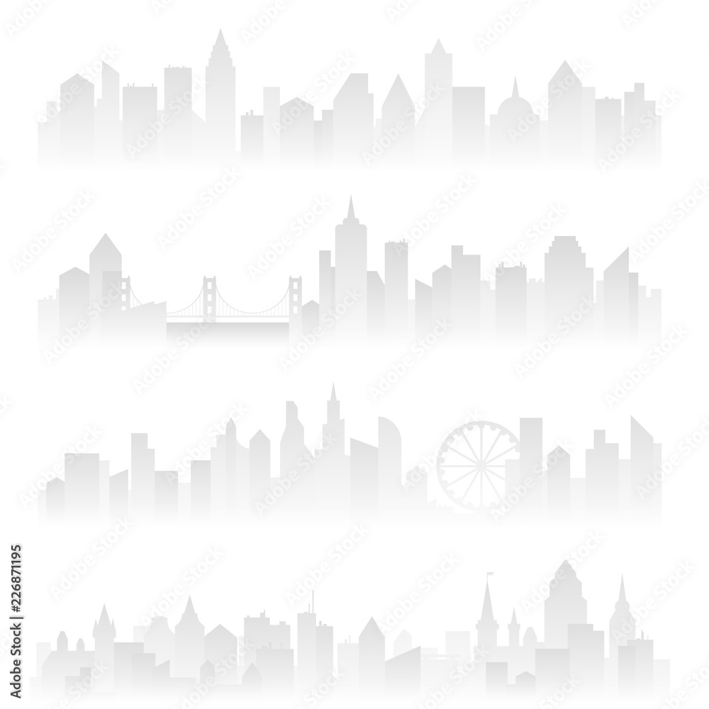 Horizontal header banners of foggy urban city with skyscrapers in haze. Soft grey vector illustration.
