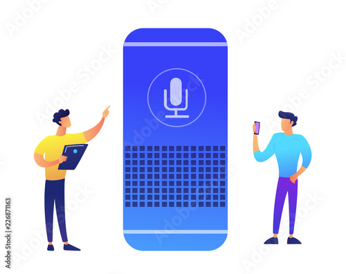 Smart speaker and two businessmen vector illustration.