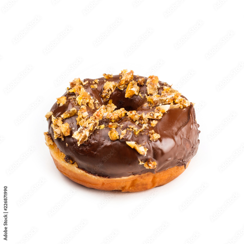 Donut with chocolate and nutmeg and jam, isolated on white background. Viewing forty-five degrees. Donut with chocolate and nutmeg and jam, isolated on white background. Viewing forty-five degrees.