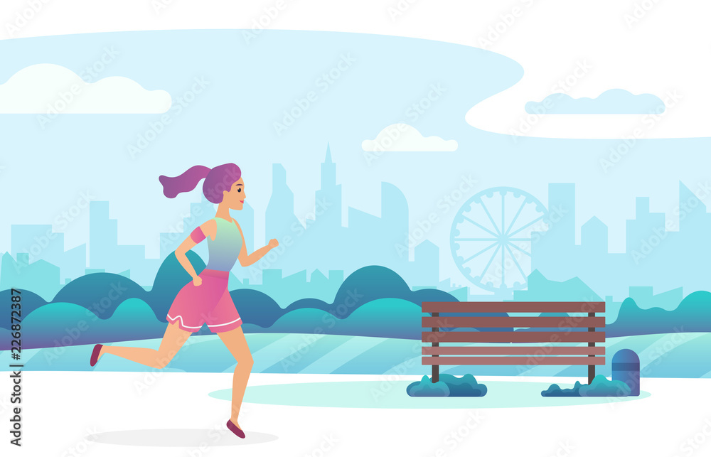 Trendy gradient color illustration of a beautiful girl jogging in the public park.