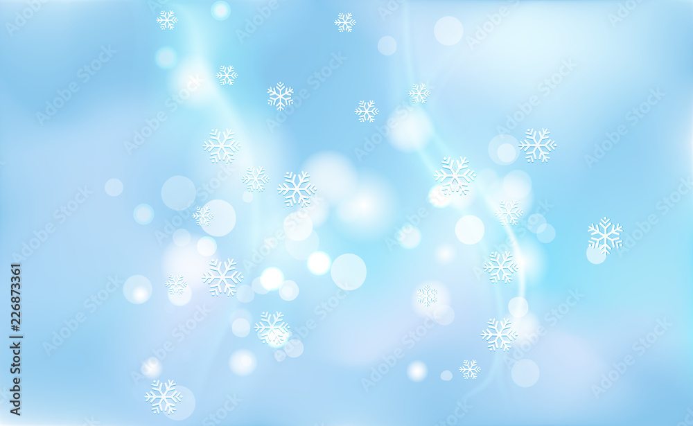 Chaotic blur for Christmas, New Years, bokeh of light snowflakes on background blue. Vector illustration for design and decorating