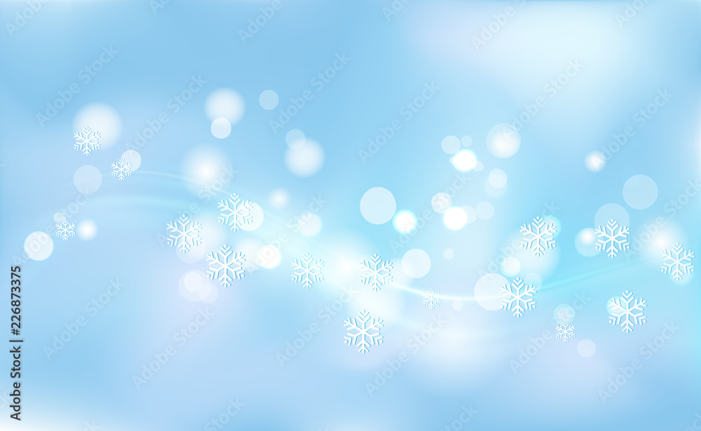 Chaotic blur for Christmas, New Years, bokeh of light snowflakes on background blue. Vector illustration for design and decorating