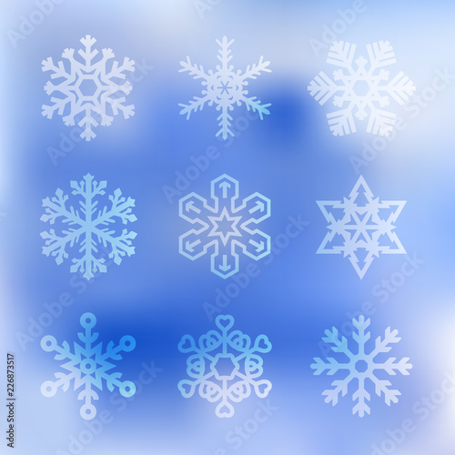 Vector Set of Snowflakes of Different Shapes on a Blue Sky Background. Merry Christmas, Happy New Year Design Elements. Resource for Creating Postcards, Calendars or Posters, Presentations or Banners.