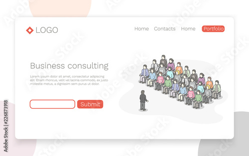 People sitting in chairs on audience. Speaker doing presentation and professional training about marketing. Landing page concept. Vector illustration