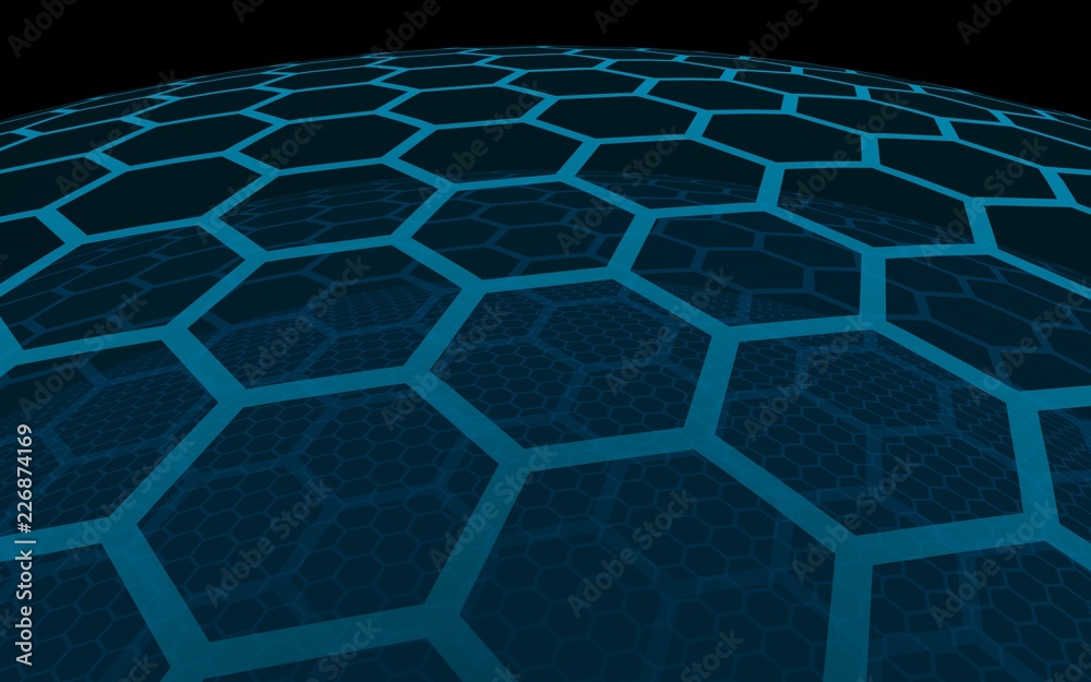Multilayer sphere of honeycombs, blue on a black background, social network, computer network, technology, global network. 3D illustration Multilayer sphere of honeycombs, blue on a black background, social network, computer network, technology, global network. 3D illustration