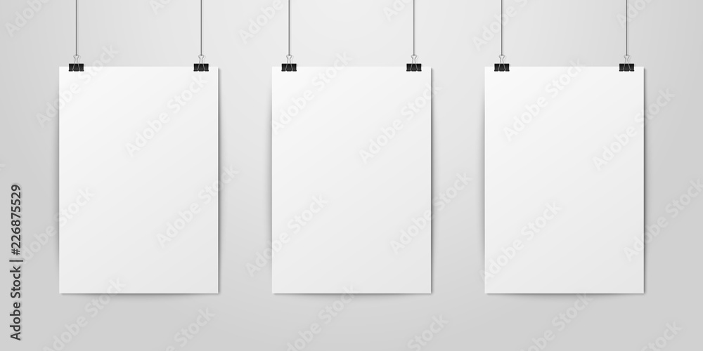 Three Vector Realistic White Blank Vertical A4 Paper Poster Hanging on a Rope with Binder Clip Set on White Wall mock-up. Empty Poster Design Template for Mockup Three Vector Realistic White Blank Vertical A4 Paper Poster Hanging on a Rope with Binder Clip Set on White Wall mock-up. Empty Poster Design Template for Mockup