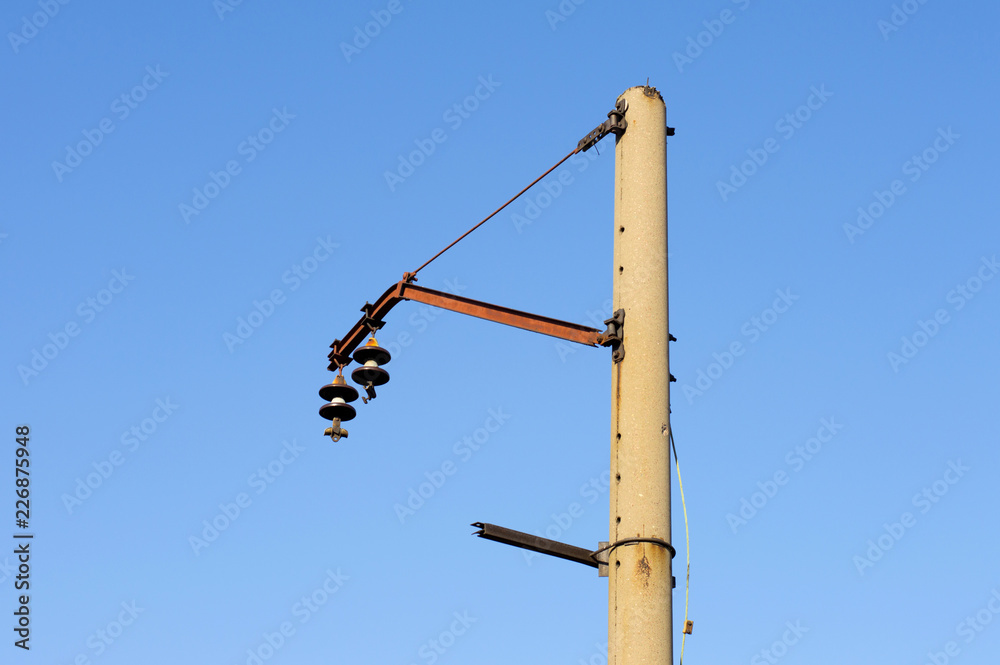 .Stealing, cutting wires, hanging, war, abandoned, abandoned, railway, de-energized, trolley, destroyed, tower, support,