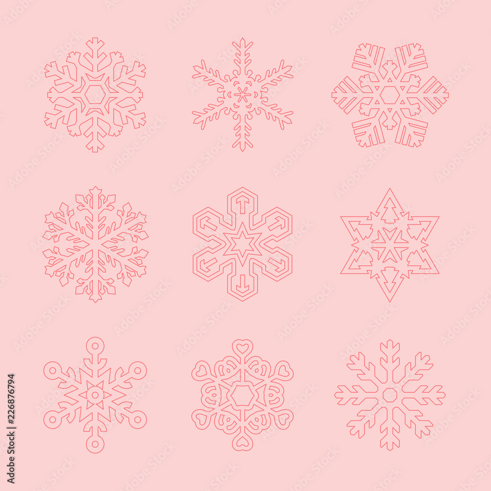Vector Set of Snowflakes of Different Shapes on a Pink Background. Merry Christmas, Happy New Year Design Elements. Resource for Creating Postcards, Calendars or Posters, Presentations or Banners.