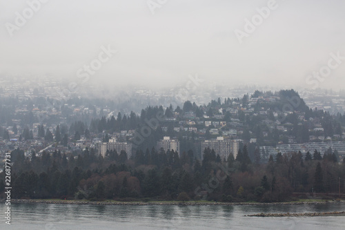 Foggy winter city scape of vancouver canada suburbs