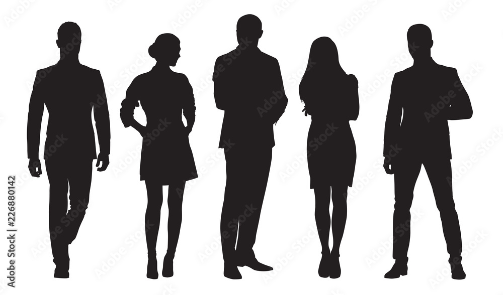 Business men and women, group of people at work. Isolated vector silhouettes