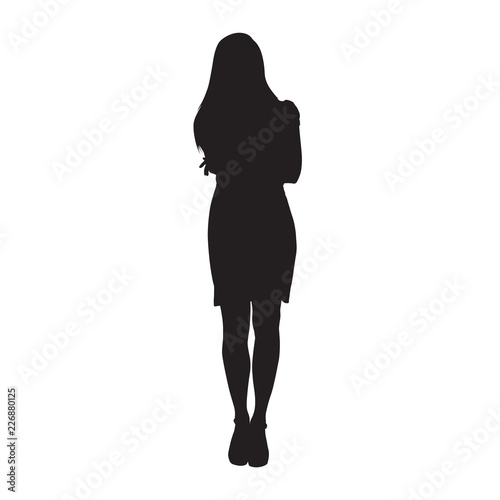 Business woman standing with folded arms. Slim elegant lady, isolated vector silhouette. Front view