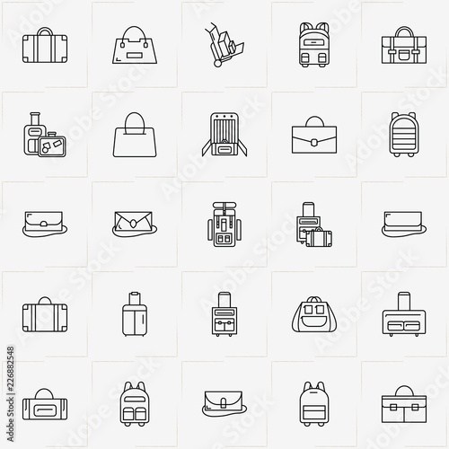 Bags line icon set with suitcase, lady purse and baggage