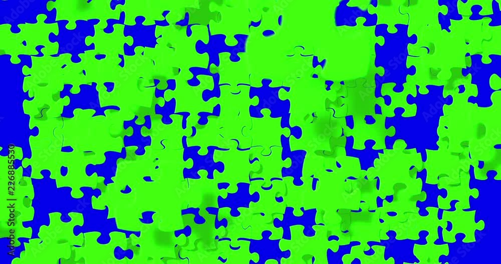 many puzzle pieces with color chroma key green screen falling down on chroma key blue screen background, abstract motion background, new idea solve problem finance business solution concept