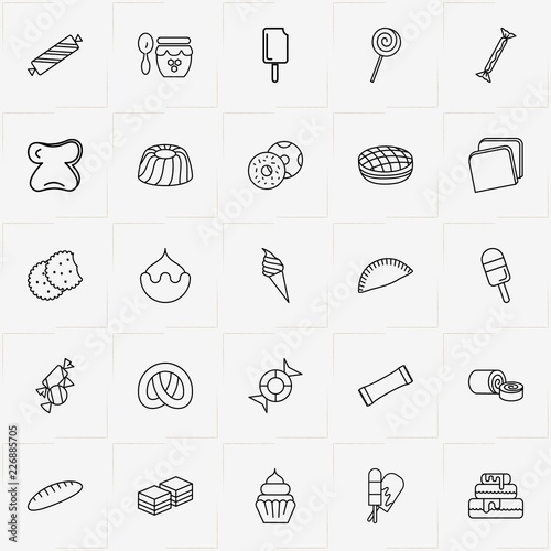 Bakery line icon set with taco, bake roll and cake